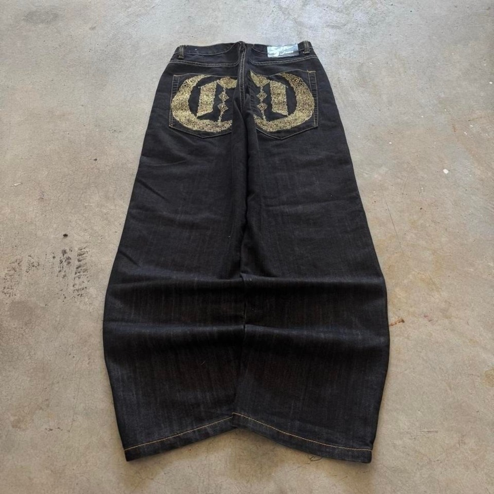 Baggy Black Wide Leg Fame Southpole Styl Y2K Skater Embroidered Jeans 38x32
